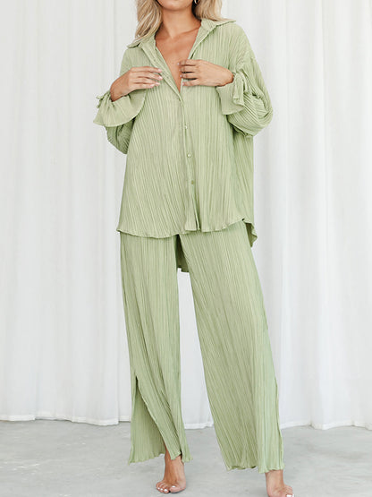 Flared Sleeves Long Sleeves Buttoned Drawstring Pleated Solid Color Split-Side Lapel Shirts Top + Pants Bottom Pajama Sets
