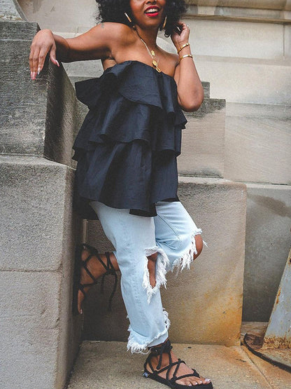 A-Line Loose Elasticity Layered Ruffled Solid Color Tube Vest Top