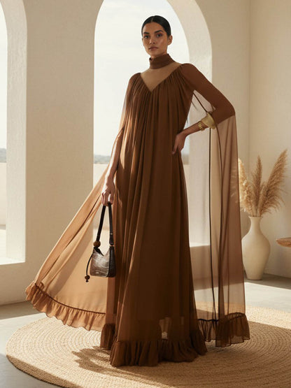 Cape Irregularity Layered Pleated Ruffled See-Through Solid Color Split-Joint High Neck Maxi Dresses