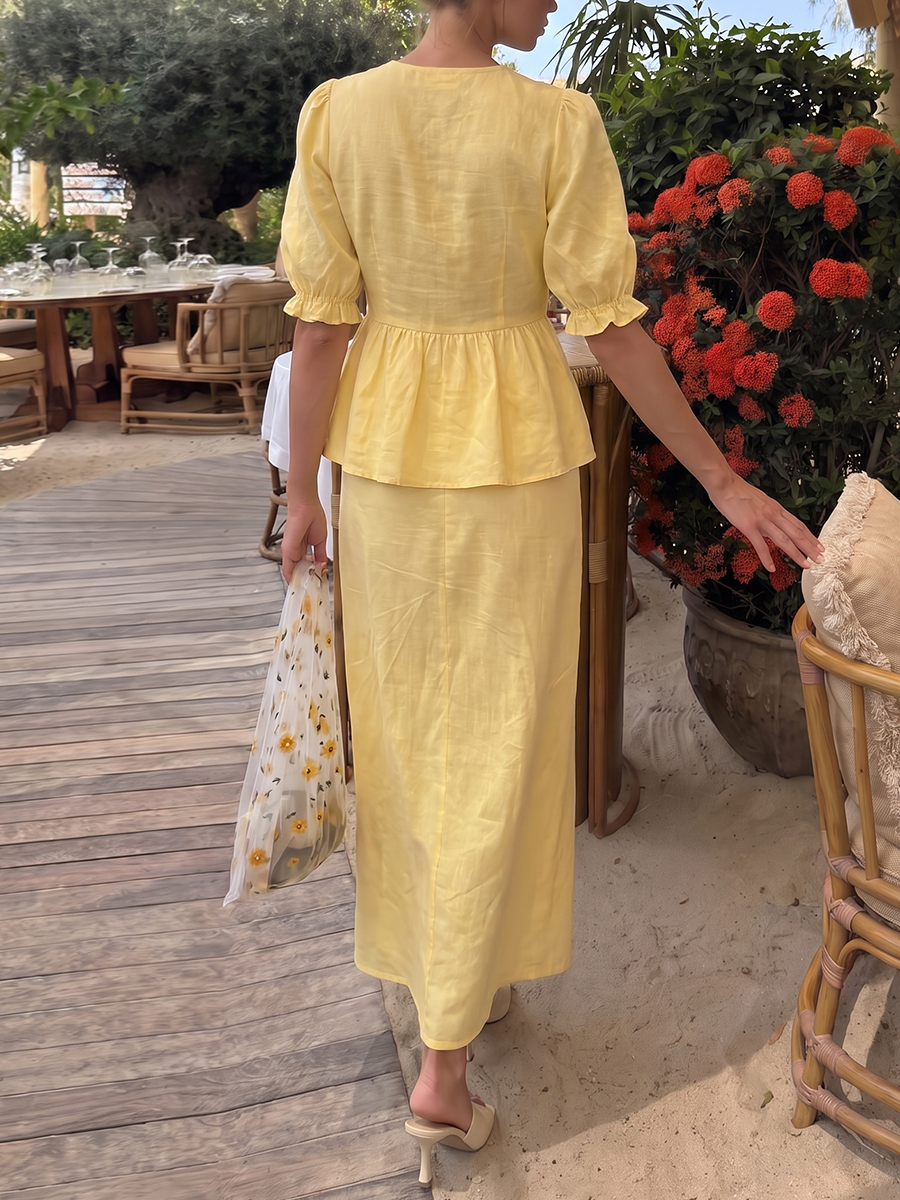 Tied Split-Joint Solid Color Pleated Short Sleeves Plus Size V-neck Two Pieces Set Skirts Bottoms Blouses&shirts Tops