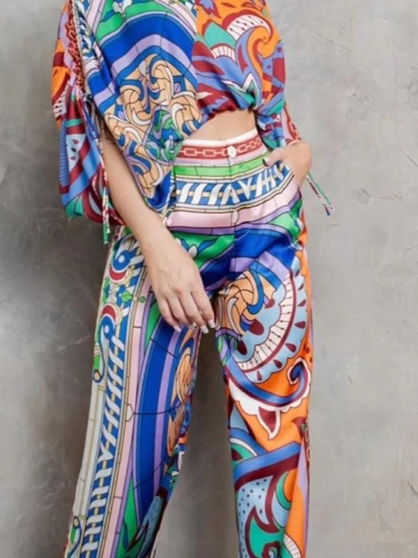 High Waisted Loose Buttoned Pleated Pockets Printed Split-Joint Pants Trousers