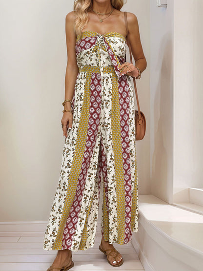 High Waisted Sleeveless Backless Contrast Color Pleated Printed Split-Joint Tied Twist Tube Jumpsuits