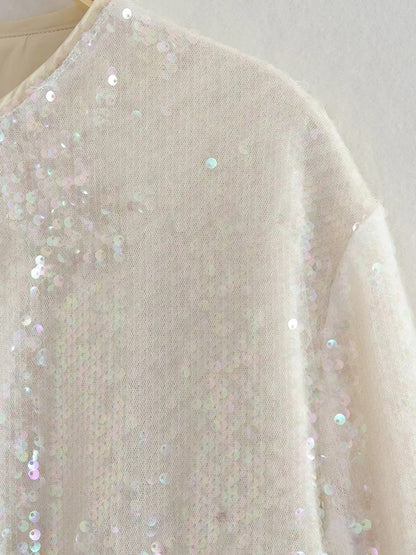 Loose Puff Sleeves Sequined Zipper Round-Neck Jackets Outerwear
