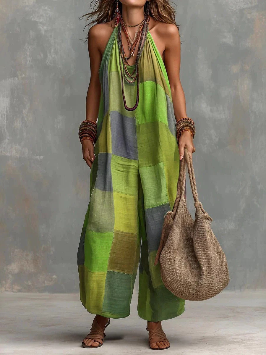 Loose Sleeveless Contrast Color Plaid Halter-Neck Jumpsuits