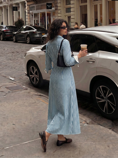 Striped Split-Joint Pockets Contrast Color Buttoned Long Sleeves High Waisted Lapel Midi Dresses