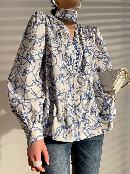 Bishop Sleeve Long Sleeves Buttoned Hollow High-Neck Blouses&Shirts Tops