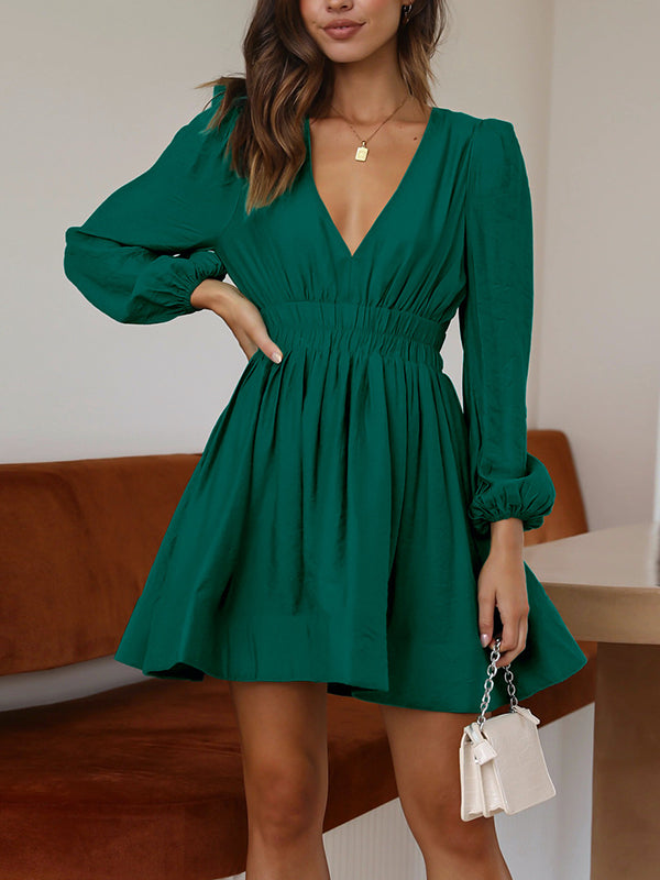 High Waisted Long Sleeves Elasticity Pleated Solid Color Deep V-Neck Mini Dresses