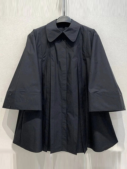 Long Sleeves Buttoned Pleated Solid Color Lapel Midi Dresses Shirt Dress