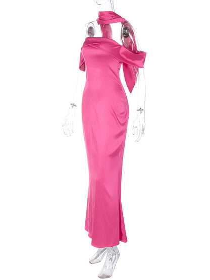 Sleeveless Solid Color Zipper Off-the-shoulder Maxi Dresses