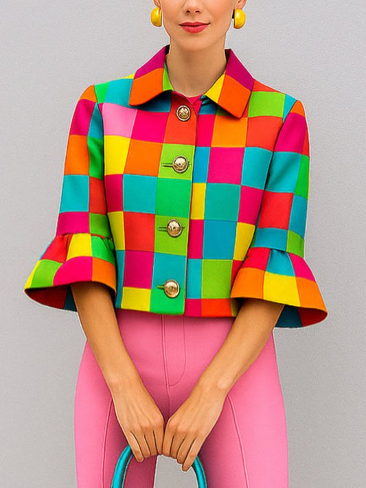Loose Three-Quarter Sleeves Buttoned Plaid Lapel Outerwear
