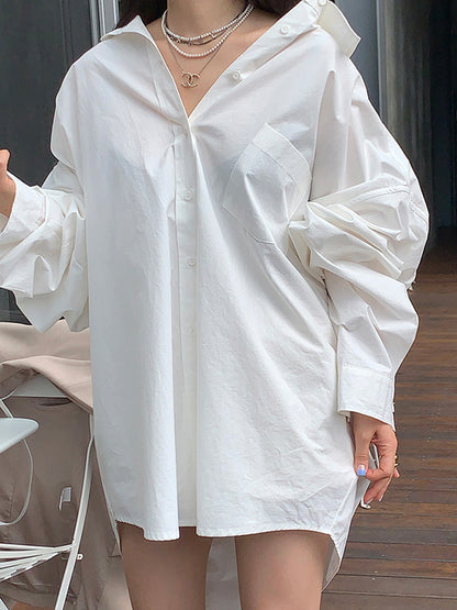 Long Sleeves Loose Buttoned Pockets Solid Color Lapel Blouses&Shirts Tops