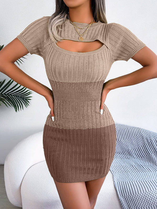 High Waisted Short Sleeves Gradient Hollow Round-Neck Mini Dresses Sweater Dresses