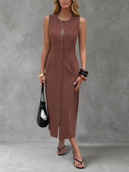 H-Line Sleeveless Buttoned Solid Color Round-Neck Midi Dresses