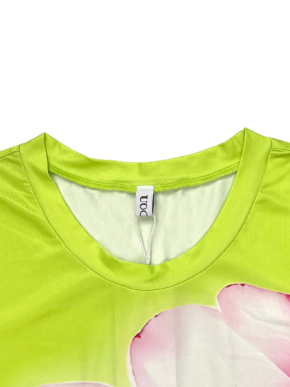 Long Sleeves Contrast Color Flower Print Split-Joint Round-Neck T-Shirts Tops