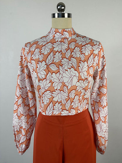 Long Sleeves Flower Print Hollow Mock Neck Shirts Top + High Waisted Pants Bottom Two Pieces Set