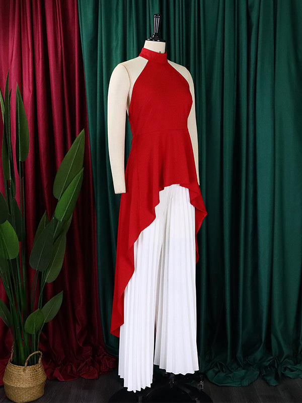 Loose Backless Lacy Solid Color Halter-Neck Vest Top + High-Low Pants Bottom Two Pieces Set