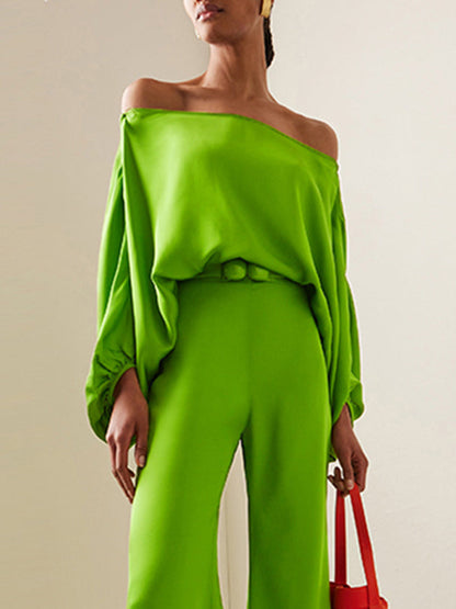 Batwing Sleeves Loose Solid Color Split-Joint Off-The-Shoulder Blouses