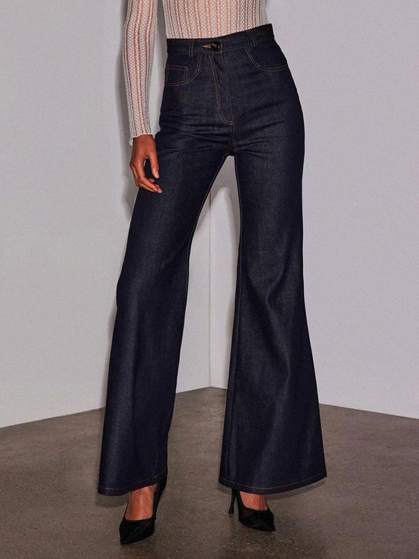 High Waisted Wide Leg Pockets Solid Color Jean Pants Bottoms