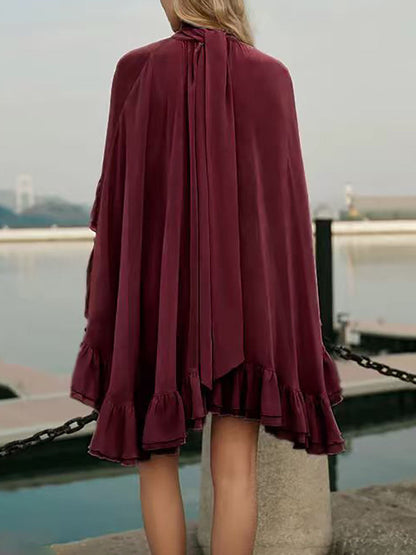 High Waisted Sleeveless Pleated Ruffled Solid Color Split-Joint Tied Mock Neck Mini Dresses Two Pieces Set