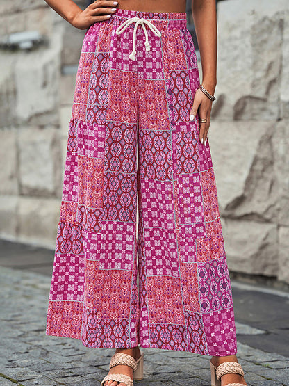High Waisted Loose Drawstring Pleated Printed Pants Trousers