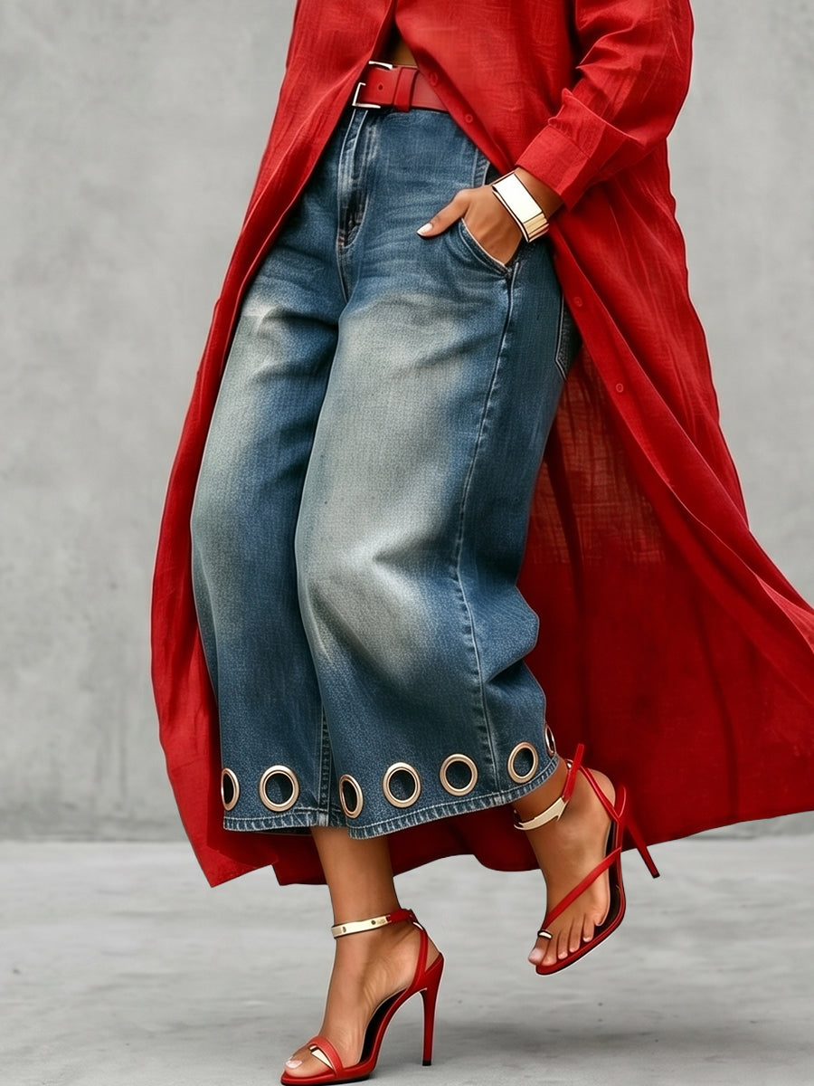 Loose Wide Leg Hollow Pockets Jean Pants Bottoms