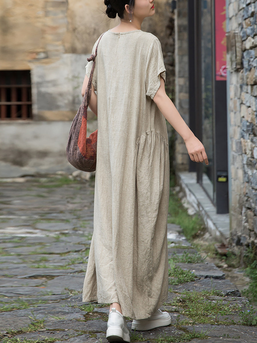 Women Summer Artsy Pure Color O-Neck Linen Dress