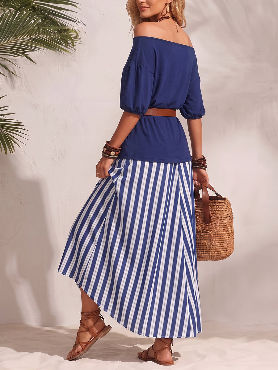 Half Sleeves Solid Color Off-The-Shoulder T-Shirts Tops + Belted Contrast Color A-Line Striped Skirts Bottoms Two Pieces Set