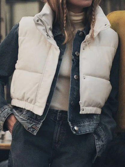 Skinny Sleeveless Drawstring Elasticity Solid Color Split-Joint Zipper Stand Collar Padded Vest