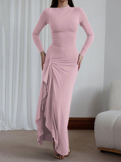 Bodycon High Waisted Asymmetric Pleated Ruffled Solid Color Split-Joint Round-Neck Maxi Dresses