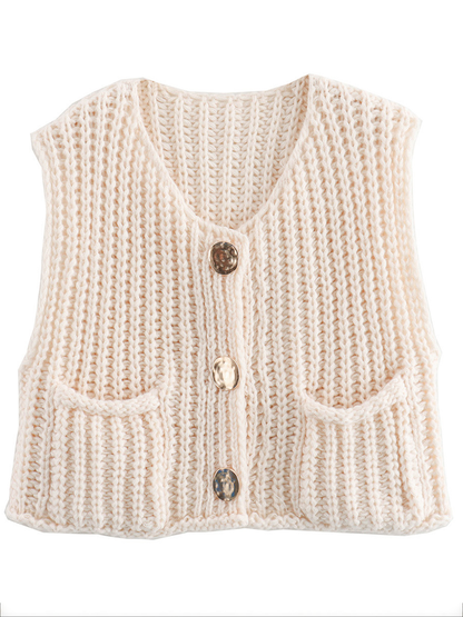 Sleeveless Buttoned Pockets Solid Color Cardigan Tops Knit Top