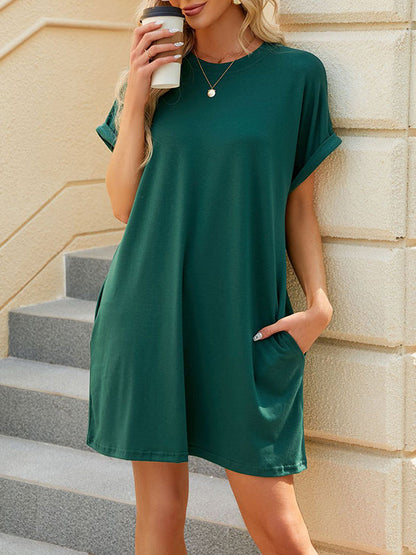 Raglan Sleeve Solid Color Split-Joint Round-Neck Mini Dresses