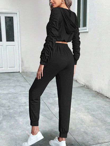 Solid Color Long Sleeves Pleated V-Neck Hoodies Top + Drawstring Elasticity Pants Bottom Two Pieces Set