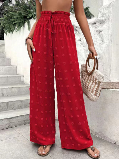 High Waisted Loose Drawstring Elasticity Jacquard Solid Color Pants Trousers