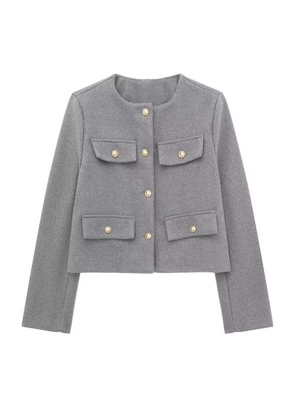 Long Sleeves Loose Buttoned Split-Joint Round-Neck Outerwear