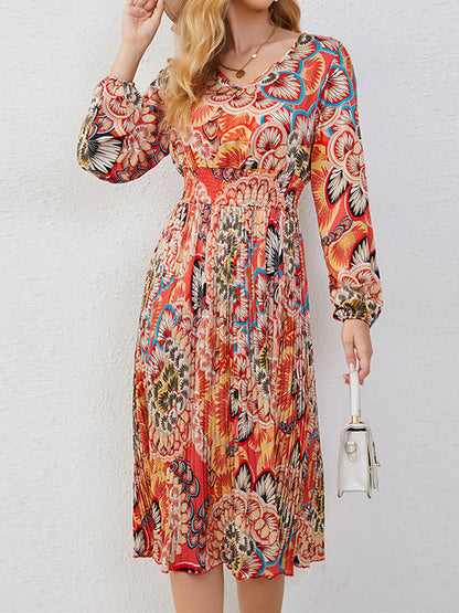 A-Line Bishop Sleeve Elasticity Flower Print Pleated V-Neck Midi Dresses