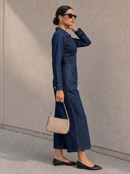 Zipper Split-Joint Solid Color Pockets Wide Leg Long Sleeves Lapel Jumpsuits