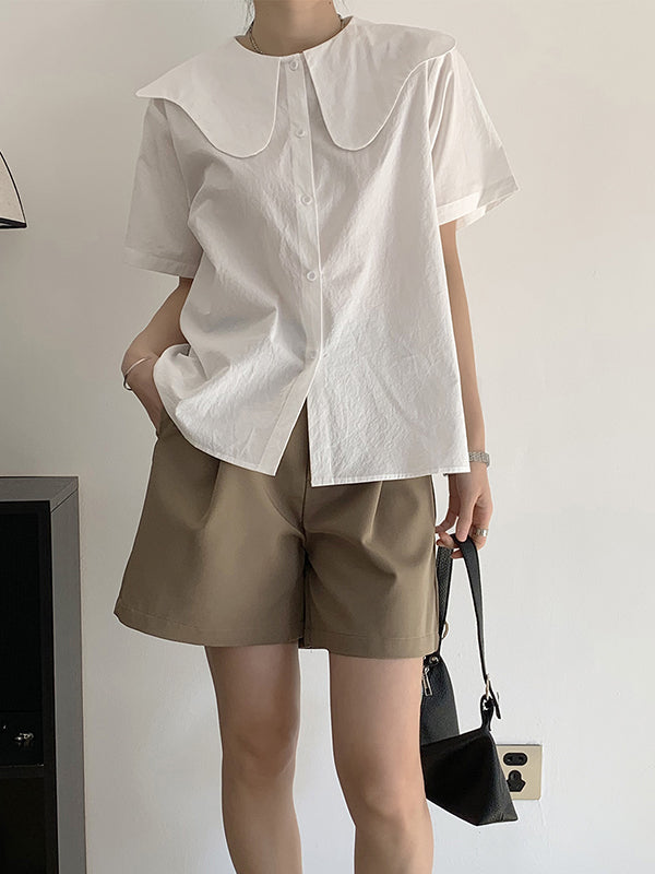 Loose Short Sleeves Solid Color Split-Joint Peter Pan Collar Blouses&Shirts Tops