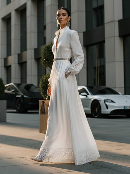 A-Line High Waisted Buttoned Hollow No Belt Pleated Pockets Solid Color Split-Joint Stand Collar Maxi Dresses Shirt Dress