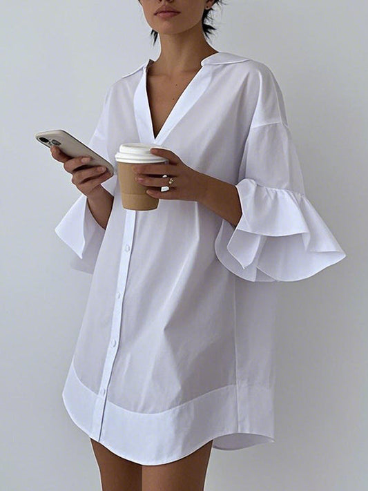 A-Line Flared Sleeves Buttoned Pleated Solid Color Split-Joint V-Neck Mini Dresses Shirt Dress