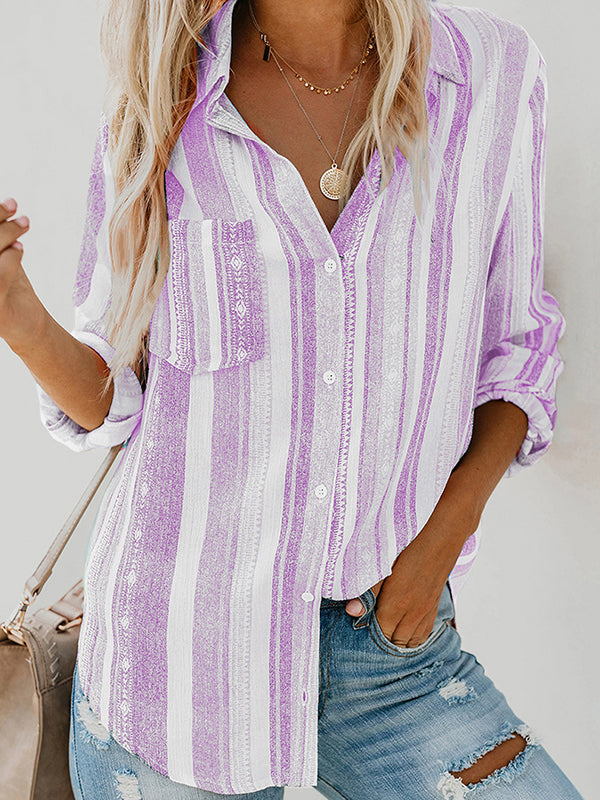 High-Low Long Sleeves Buttoned Pockets Striped Lapel Blouses&Shirts Tops