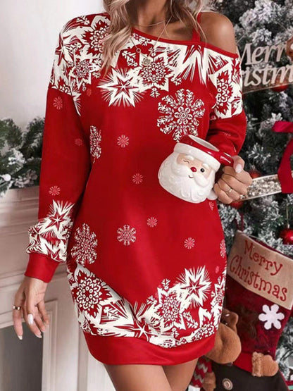 Bodycon Long Sleeves Contrast Color Printed Split-Joint One-Shoulder Midi Dresses