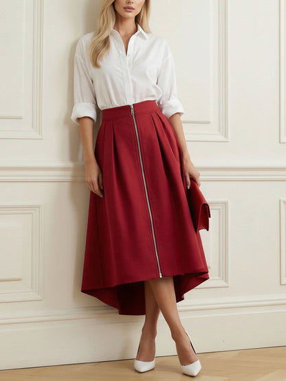 A-Line High-Low Pleated Pockets Solid Color Zipper Skirts Bottoms