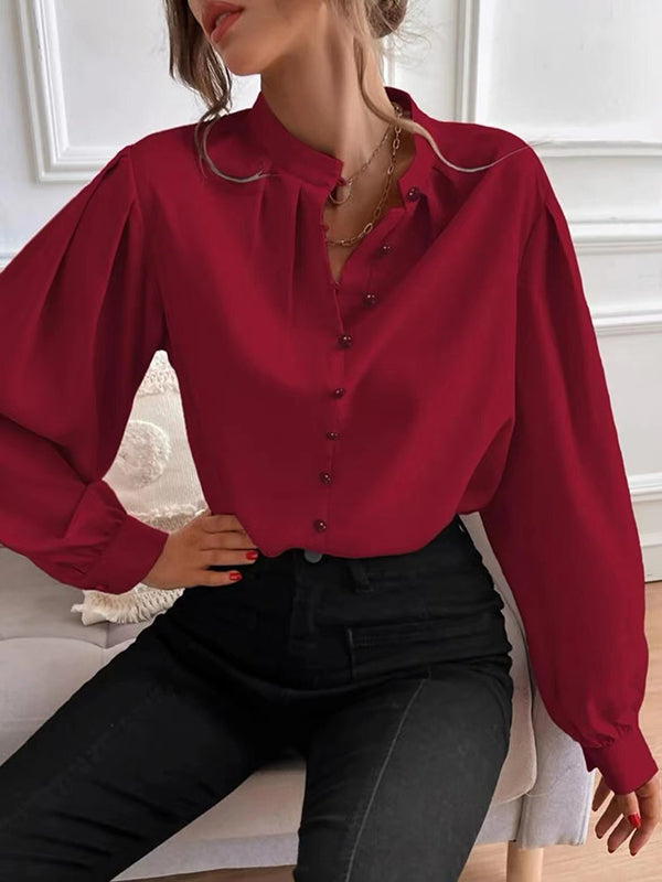 Loose Puff Sleeves Pleated Solid Color Split-Joint Stand Collar Blouses