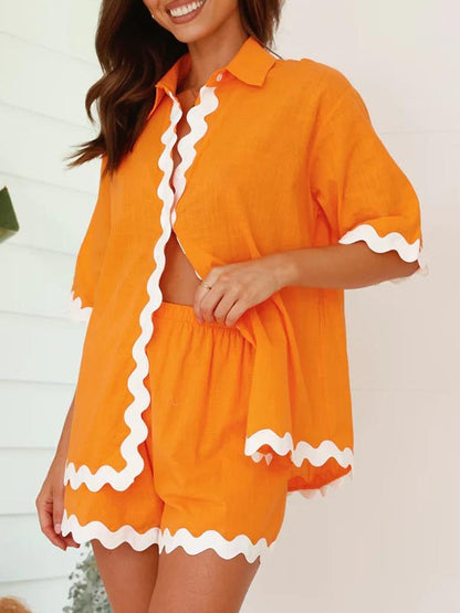 Loose Contrast Color Shirts Tops & Shorts Two Pieces Set