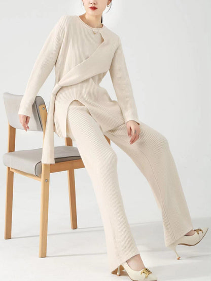 Loose Asymmetric Solid Color Split-Front Round-Neck Long Sleeves Sweater Top   Pants Bottom Two Pieces Set