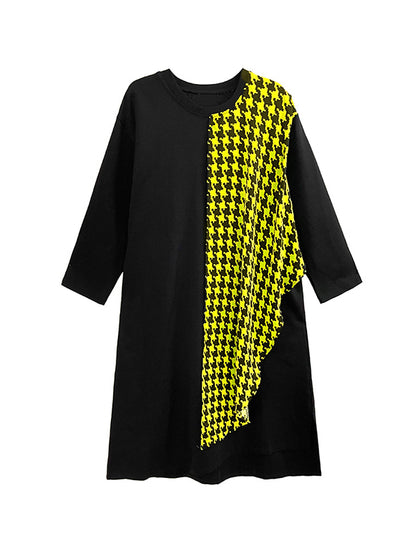A-Line Long Sleeves Asymmetric Contrast Color Houndstooth Split-Joint Round-Neck Midi Dresses