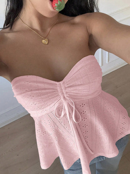 Skinny Sleeveless Backless Hollow Pleated Solid Color Split-Joint Tied Tube Vest Top