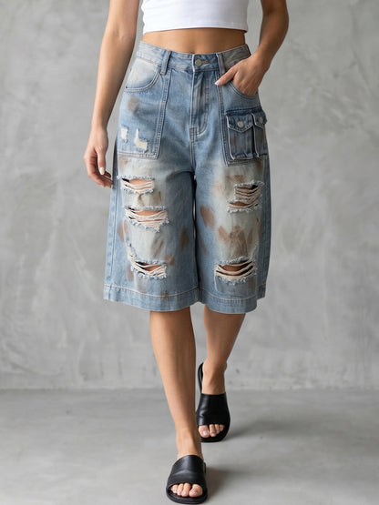 Cropped High Waisted Buttoned Hollow Pockets Split-Joint Jean Pants Bottoms