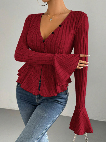 Flared Sleeves Long Sleeves Buttoned Ruffled Solid Color Split-Joint Deep V-Neck T-Shirts Tops
