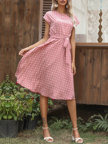 A-Line Cap Sleeve Buttoned Contrast Color Pleated Polka-Dot Split-Joint Tied Waist Round-Neck Midi Dresses